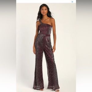 Lulu’s Shiny Purple Silver Disco One-Shoulder Wide Leg Jumpsuit Medium 💜